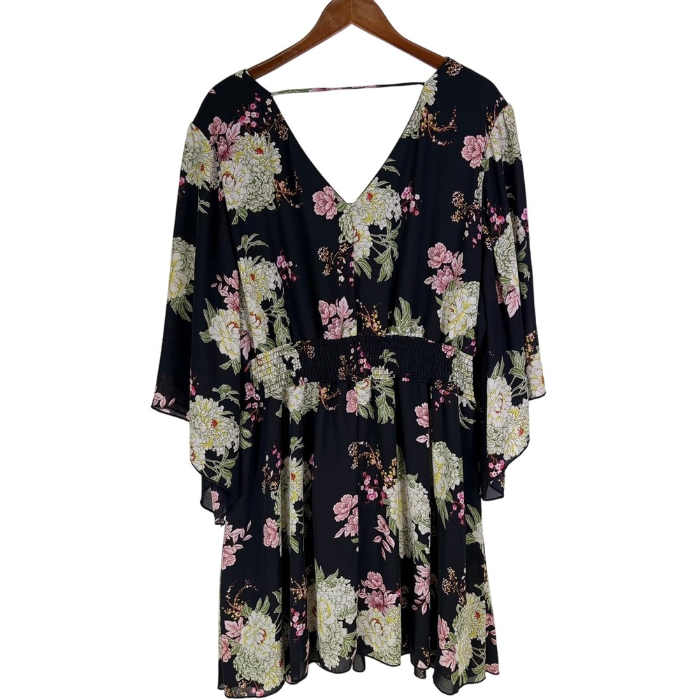 Lace Up V-Neck Mini Dress Size 3X Black Floral‎ Whimsigoth Dark Romantic Boho - Picture 2 of 16